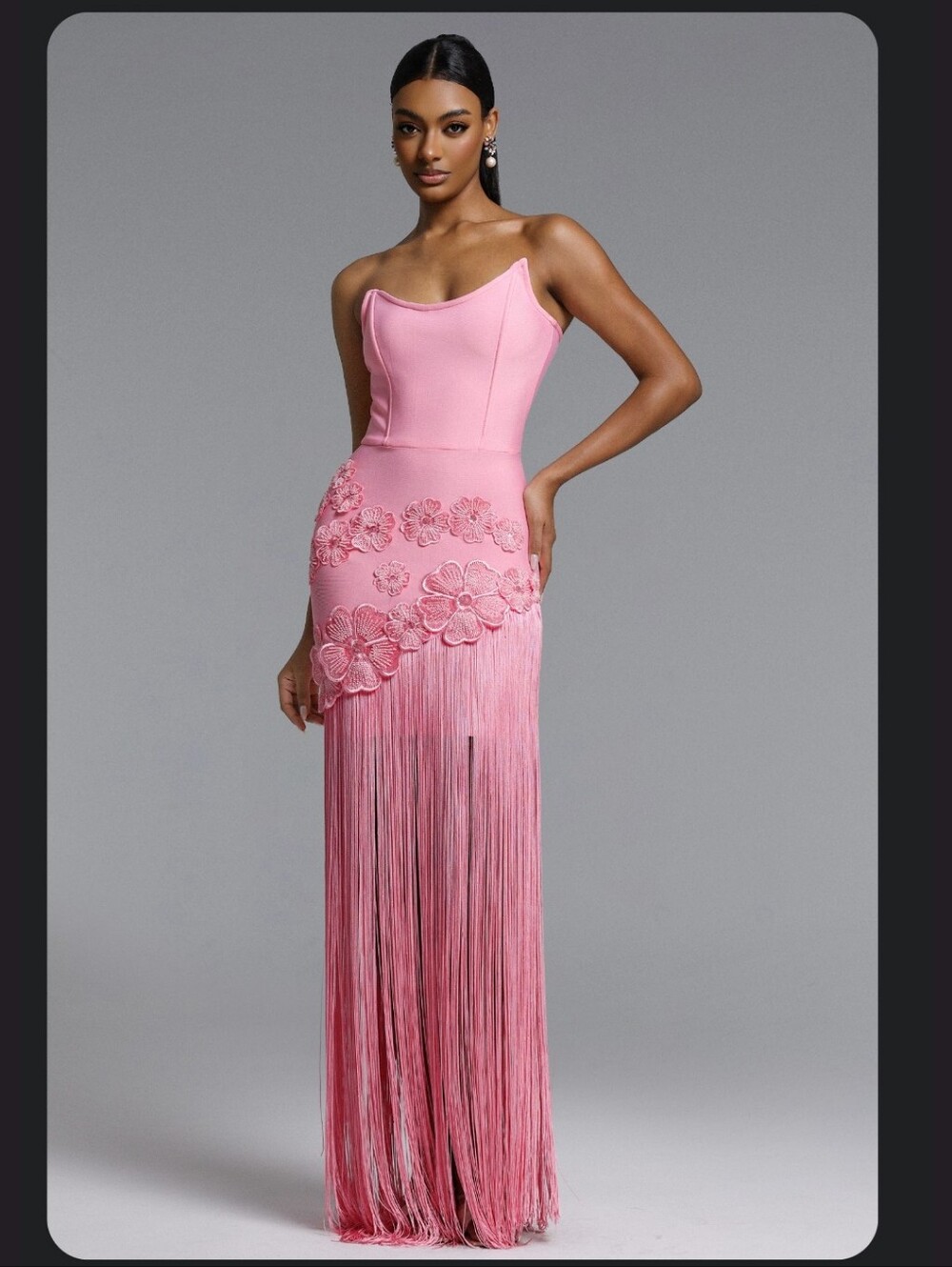 Pink Fringe Floral Appliqué Evening Dress